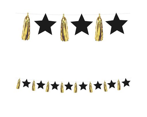 ELEGANT HAPPY BIRTHDAY BLACK STARS AND GOLD TASSELS PAPER GARLAND