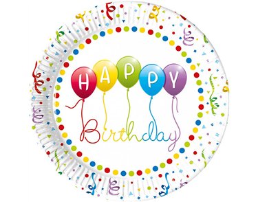 8PK 23cm HAPPY BIRTHDAY STREAMER PAPER PLATES