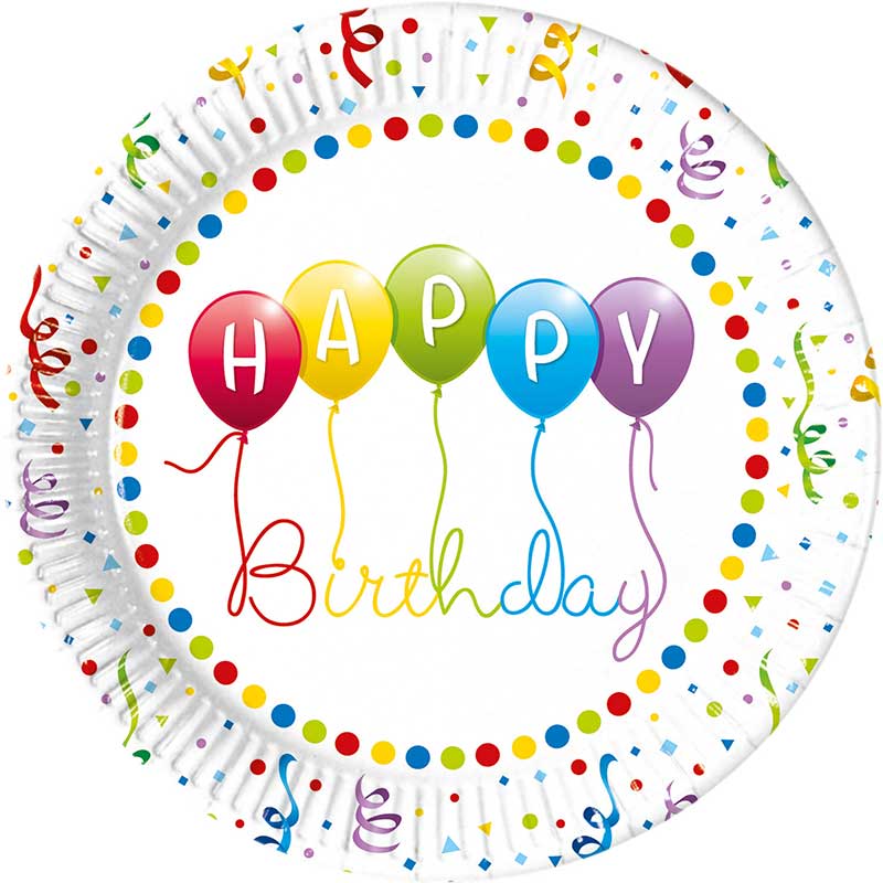 8PK 23cm HAPPY BIRTHDAY STREAMER PAPER PLATES