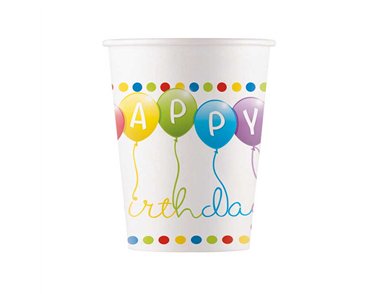 8PK 200ml HAPPY BIRTHDAY STREAMERS PAPER CUPS