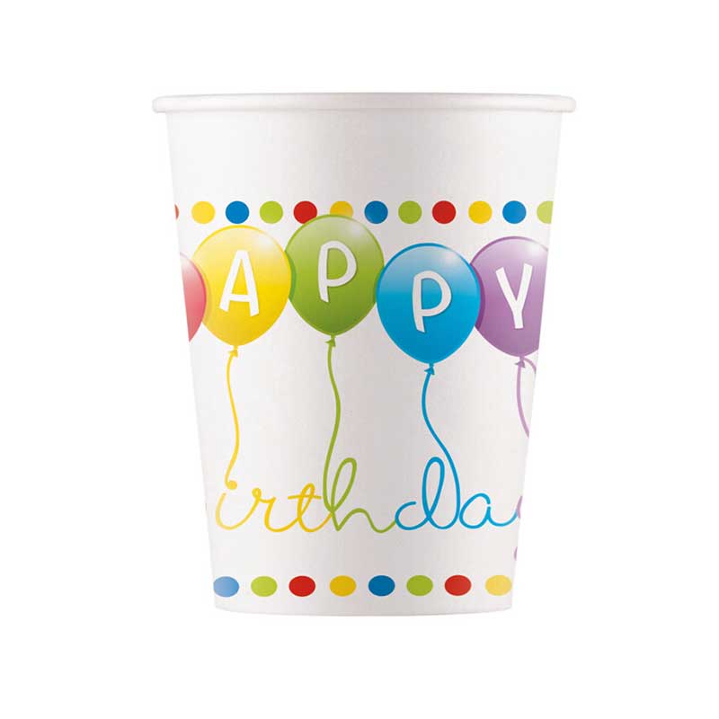 8PK 200ml HAPPY BIRTHDAY STREAMERS PAPER CUPS