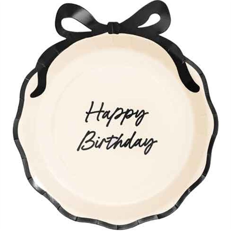 6PK 24cm HAPPY BIRTHDAY WITH BOW BLACK AND CREAM PLATES