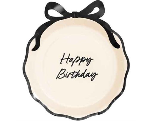 6PK 24cm HAPPY BIRTHDAY WITH BOW BLACK AND CREAM PLATES