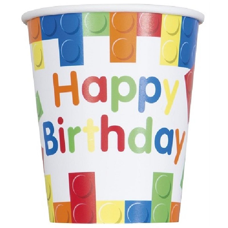 (8) 9OZ BUILDING BLOCKS B/DAY CUPS