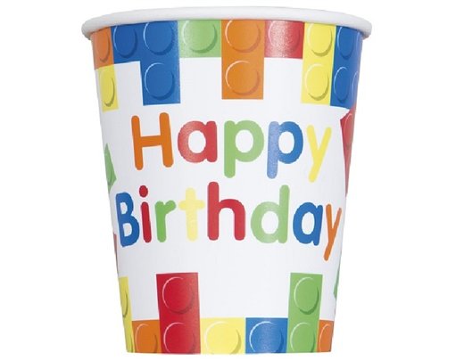 (8) 9OZ BUILDING BLOCKS B/DAY CUPS
