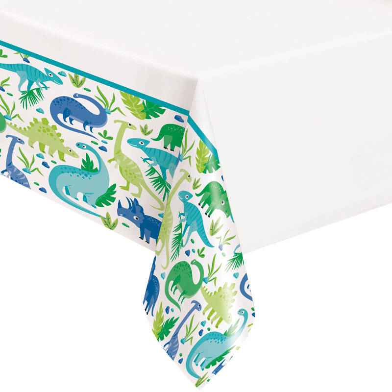 54x84in BLUE & GREEN DINOSAUR PLASTIC TABLE COVER