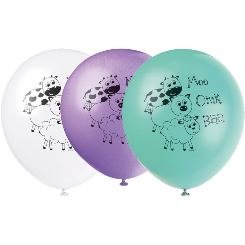 8PK 12in PASTEL FARM ANIMALS BALLOONS
