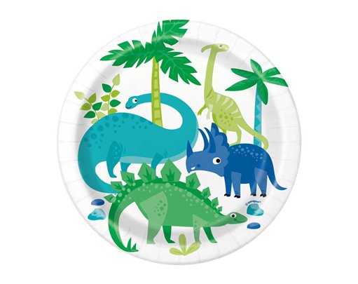 8PK 7in BLUE & GREEN DINOSAUR PLATES