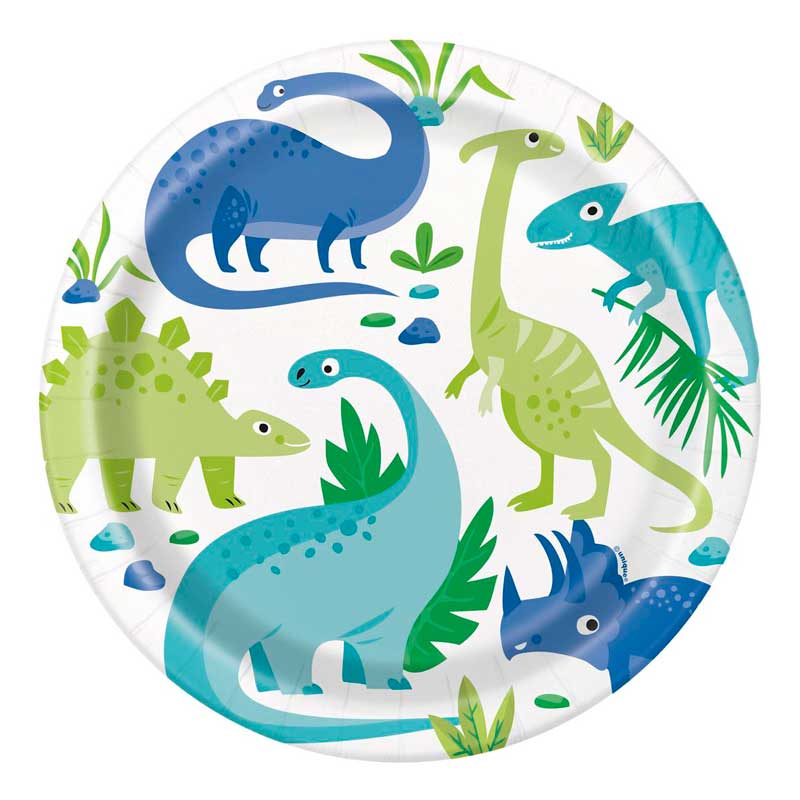 8PK 9in BLUE & GREEN DINOSAUR PLATES