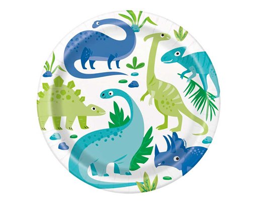 8PK 9in BLUE & GREEN DINOSAUR PLATES