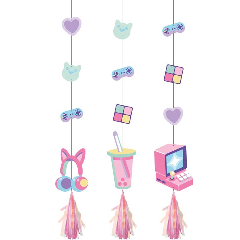 3PK GIRLS GAMER PARTY HANGING CUTOUTS