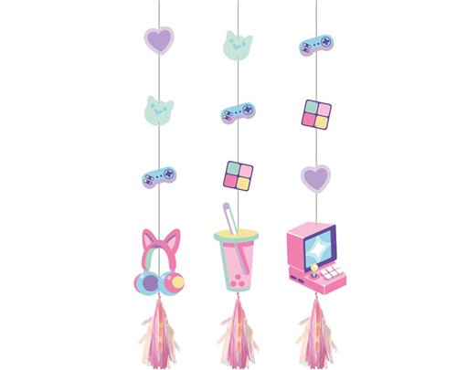 3PK GIRLS GAMER PARTY HANGING CUTOUTS