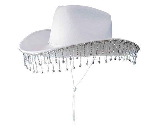 WHITE COWBOY HAT WITH DIAMANTE CHAIN