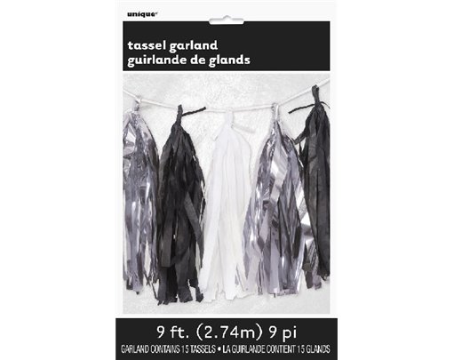 9FT S/B/W FOIL TISSUE TASSEL GARLAND
