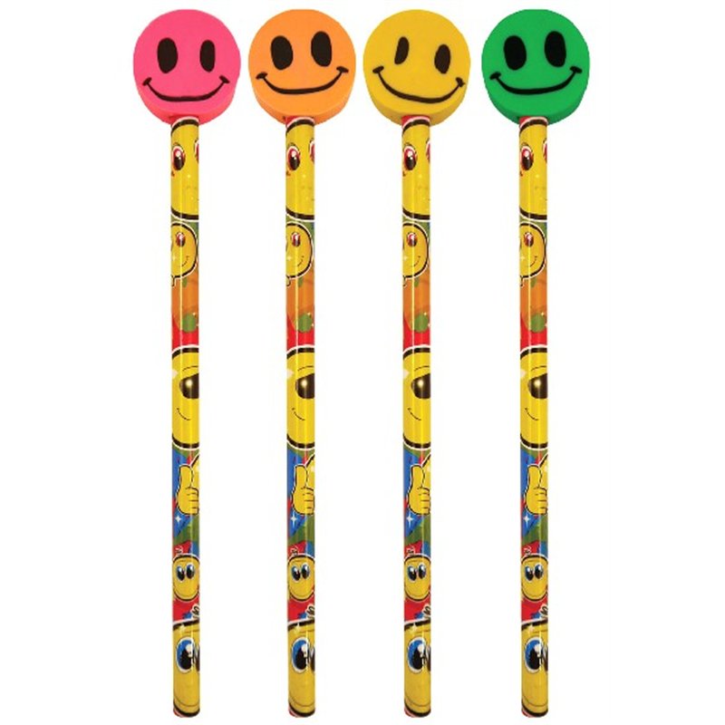 4ASST SMILE PENCIL W/ERASER TOP  24S
