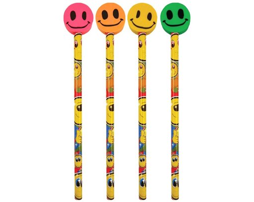 4ASST SMILE PENCIL W/ERASER TOP  24S