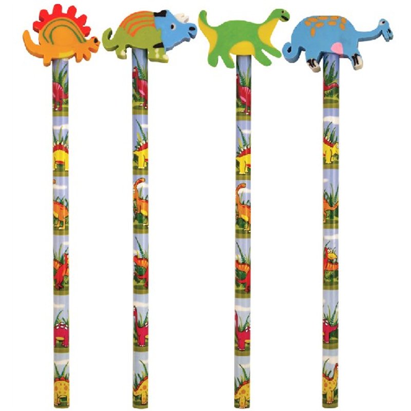 4ASST DINOSAUR PENCIL W/ERASER TOP  24S