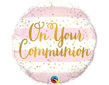 18IN ON YOUR COMMUNION PINK STRIPES FOIL BALLOON