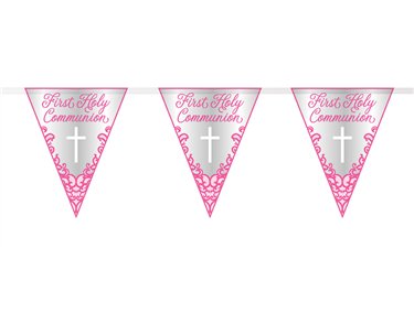9ft FANCY PINK CROSS 1ST HOLY COMMUNION FLAG BANNER