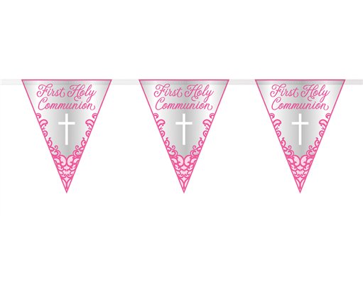 9ft FANCY PINK CROSS 1ST HOLY COMMUNION FLAG BANNER