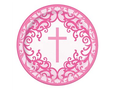 8PK 7in FANCY PINK CROSS PLATES