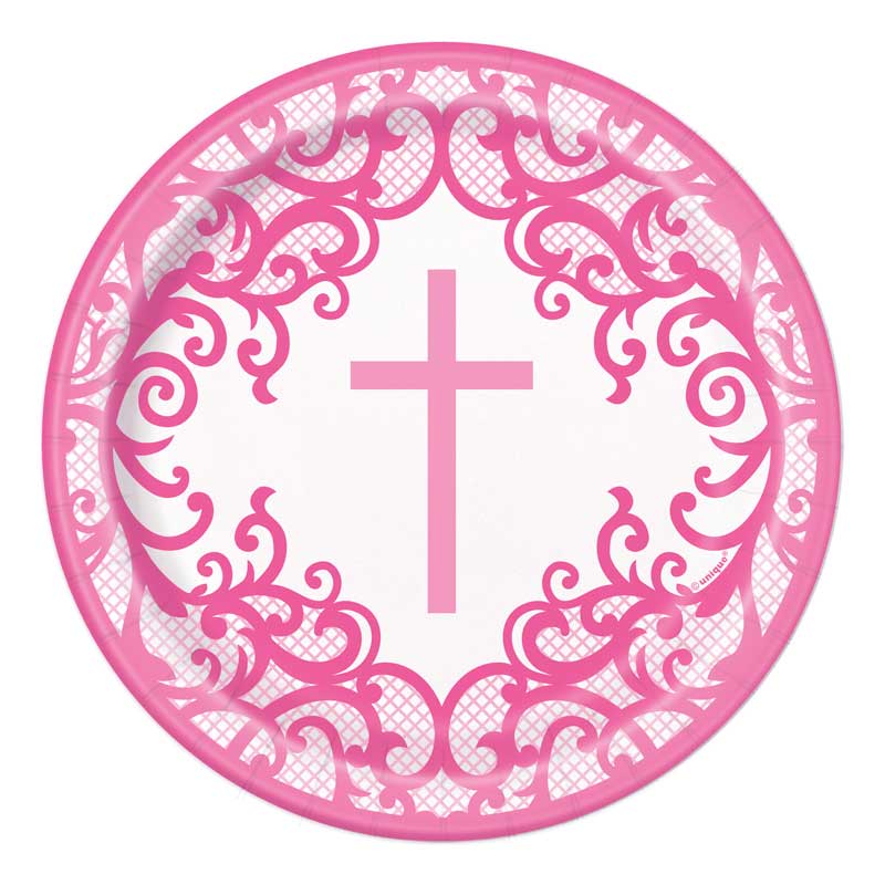 8PK 7in FANCY PINK CROSS PLATES