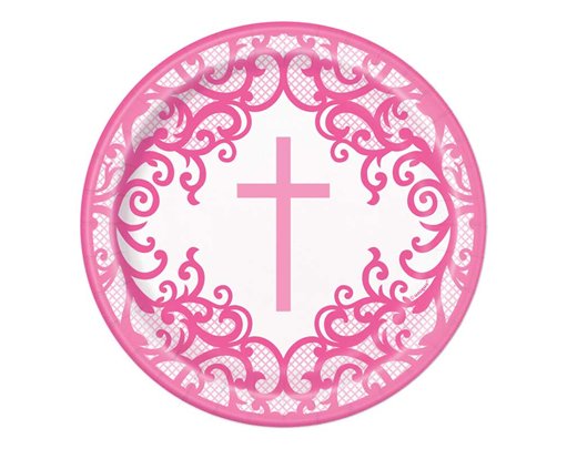 8PK 7in FANCY PINK CROSS PLATES
