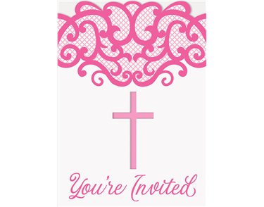 8PK FANCY PINK CROSS INVITATIONS