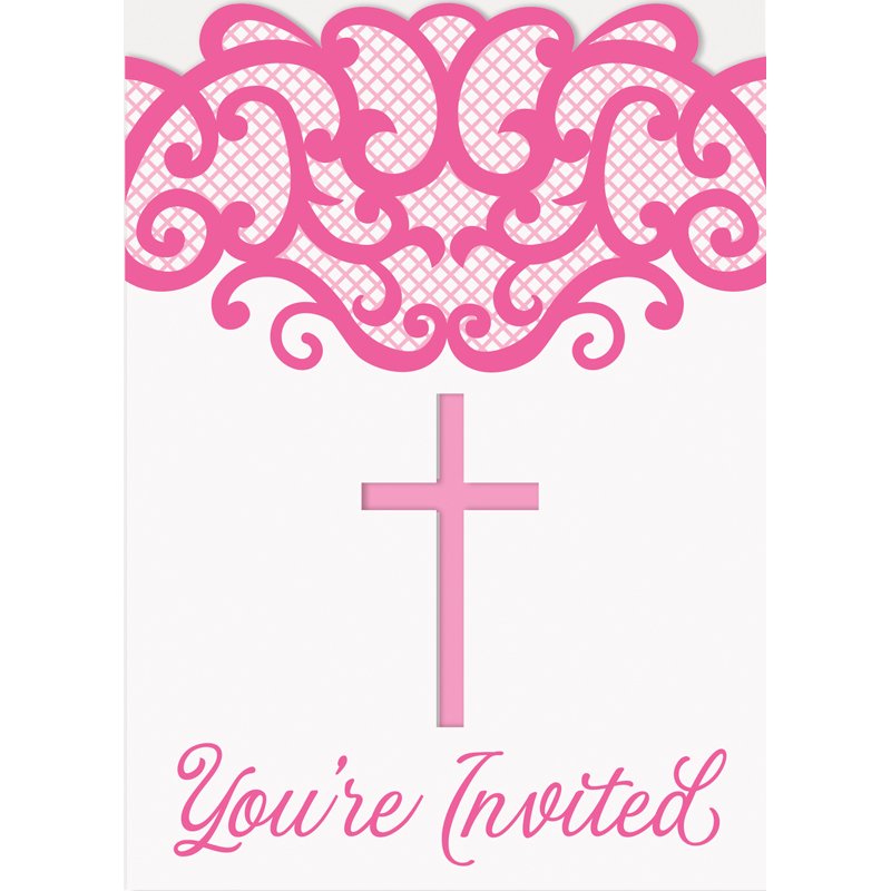 8PK FANCY PINK CROSS INVITATIONS