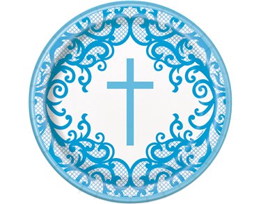 8PK 9in FANCY BLUE CROSS ROUND PLATES
