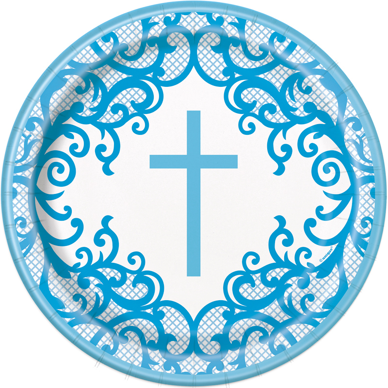 8PK 9in FANCY BLUE CROSS ROUND PLATES