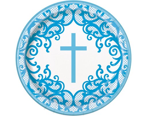 8PK 9in FANCY BLUE CROSS ROUND PLATES