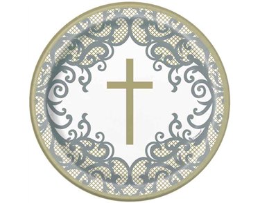8PK 7in FANCY GOLD CROSS ROUND PLATES