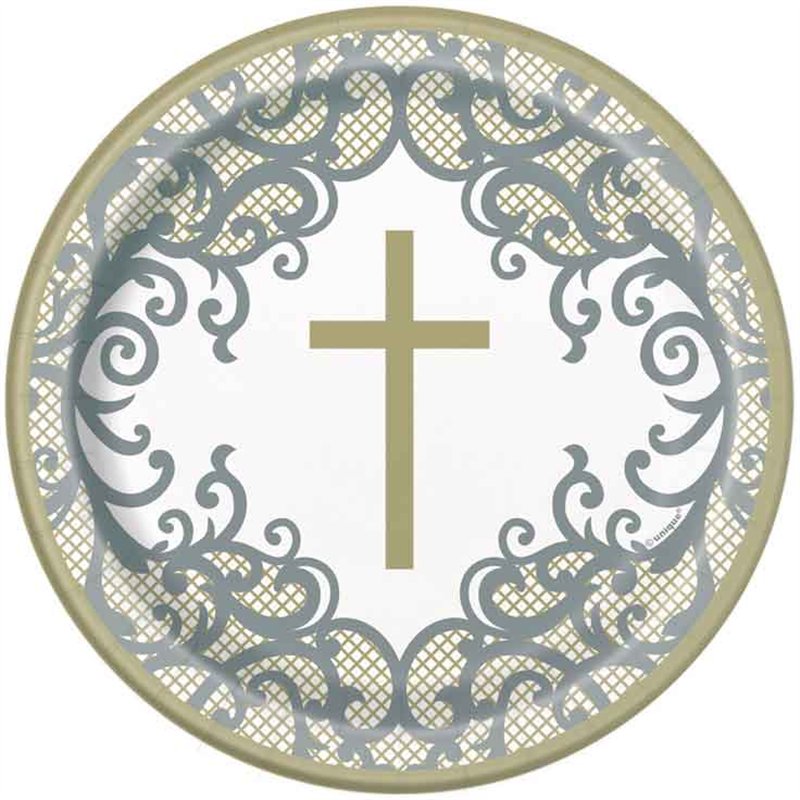 8PK 7in FANCY GOLD CROSS ROUND PLATES