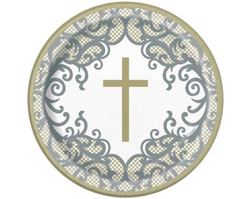 8PK 7in FANCY GOLD CROSS ROUND PLATES