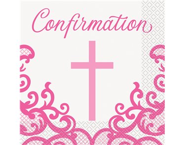16PK FANCY PINK CROSS CONFIRMATION NAPKINS