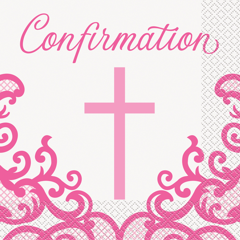 16PK FANCY PINK CROSS CONFIRMATION NAPKINS