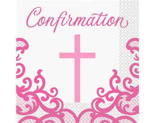 16PK FANCY PINK CROSS CONFIRMATION NAPKINS