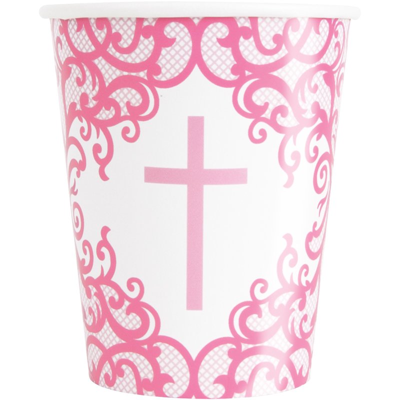 8PK 9oz FANCY PINK CROSS PAPER CUPS