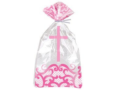 20PK FANCY PINK CROSS CELLOPHANE BAGS