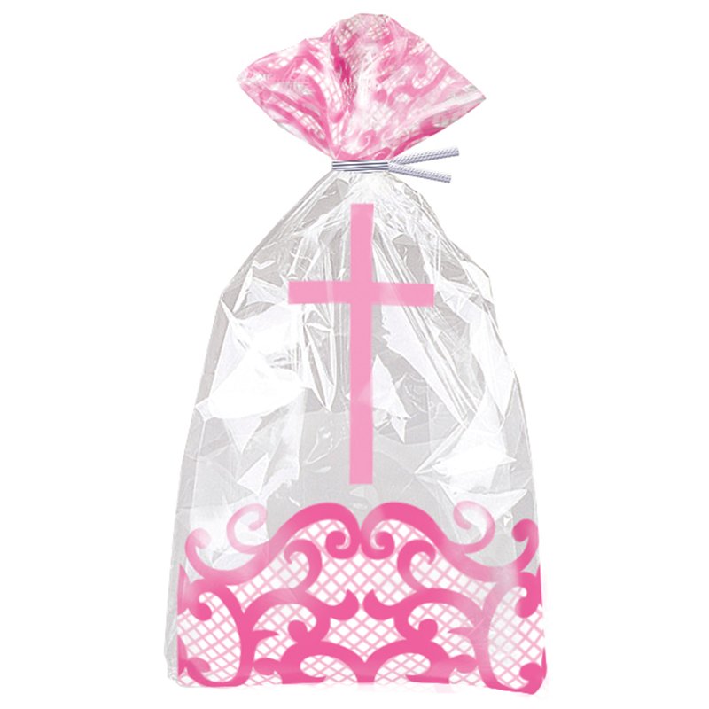 20PK FANCY PINK CROSS CELLOPHANE BAGS