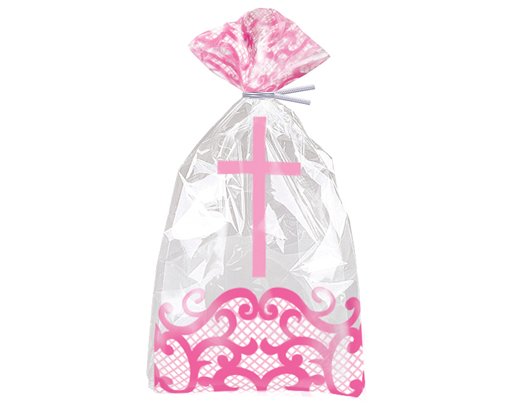 20PK FANCY PINK CROSS CELLOPHANE BAGS