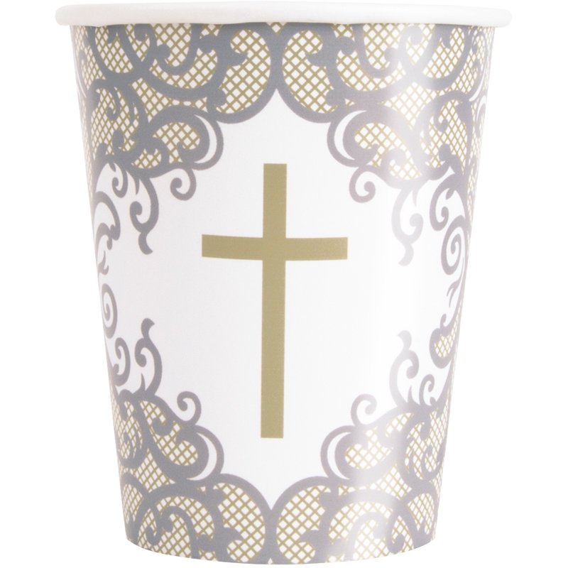 8PK 9oz FANCY GOLD CROSS PAPER CUPS