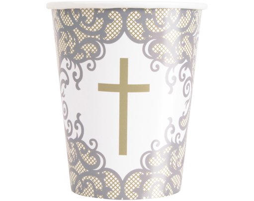 8PK 9oz FANCY GOLD CROSS PAPER CUPS