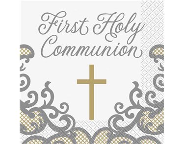 16PK 33cm FANCY GOLD CROSS 1ST COMMUNION NAPKINS