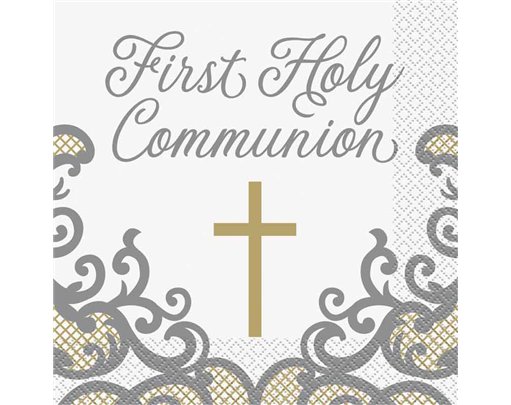 16PK 33cm FANCY GOLD CROSS 1ST COMMUNION NAPKINS
