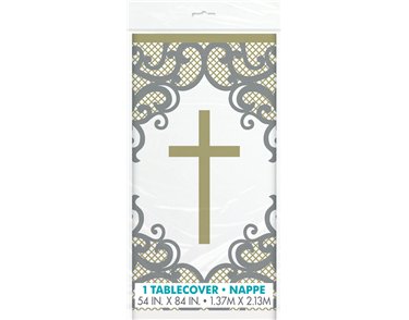 54x84in FANCY GOLD CROSS PLASTIC TABLE COVER