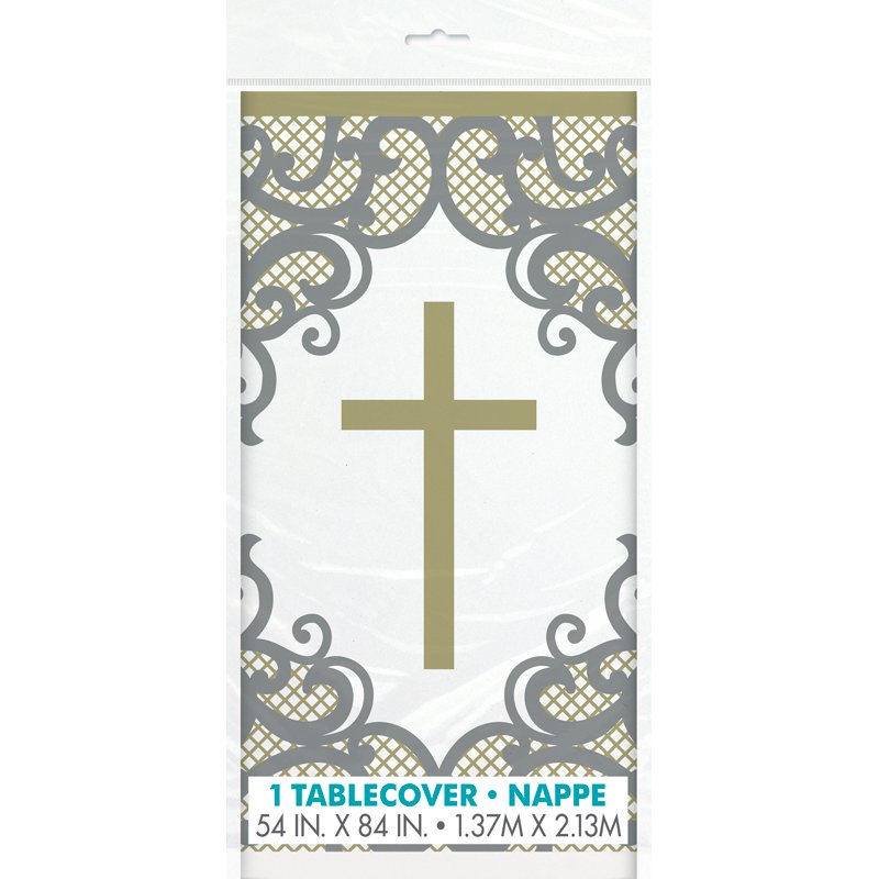 54x84in FANCY GOLD CROSS PLASTIC TABLE COVER