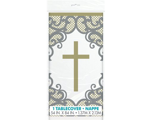 54x84in FANCY GOLD CROSS PLASTIC TABLE COVER