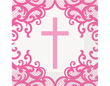 16PK 33cm FANCY PINK CROSS NAPKINS